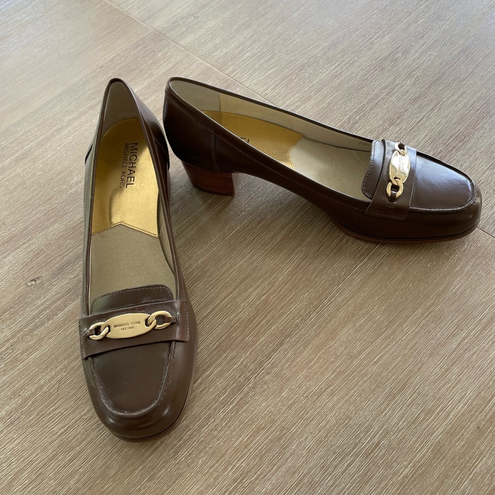 Michael KORS LAINEY MID LOAFER DK CARAMEL LEATHER WOMENs PUMP SLIP ON SHOES